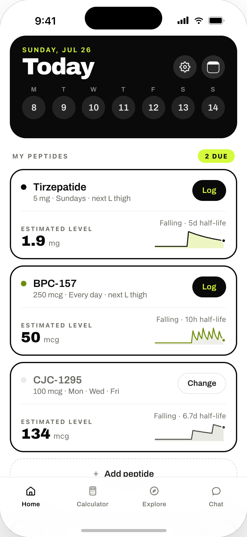 The Today screen, showing three peptides with their estimated levels