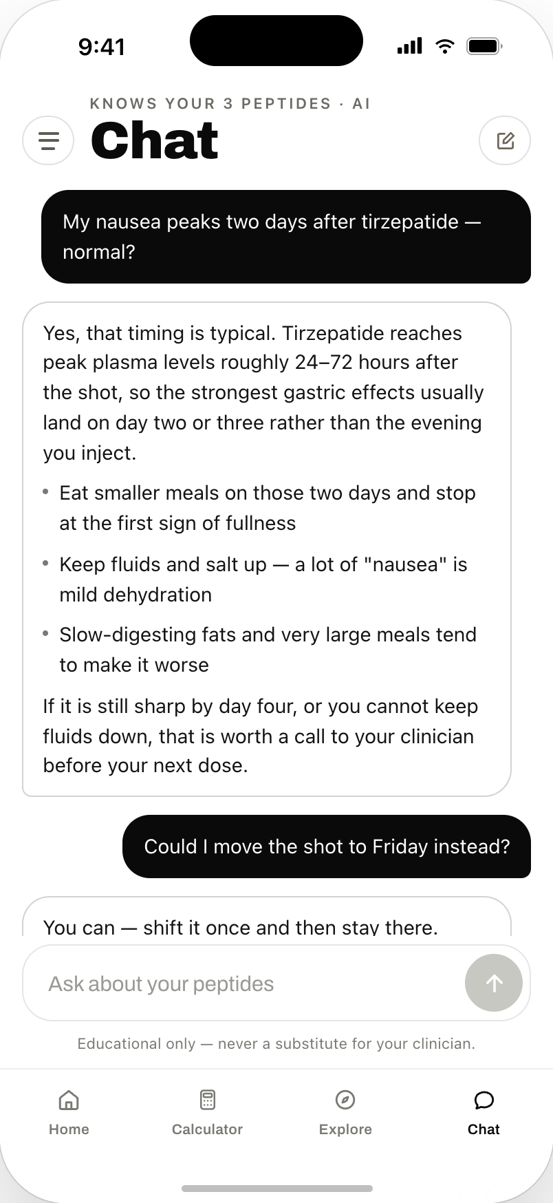 The assistant answering a question about nausea timing